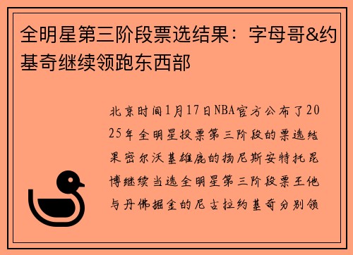 全明星第三阶段票选结果：字母哥&约基奇继续领跑东西部